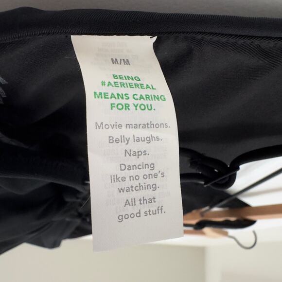 Aerie Bikini Swimsuit Triangle Top Tie Back Cheeky Bottom Black Red Bra Padding - Picture 16 of 16